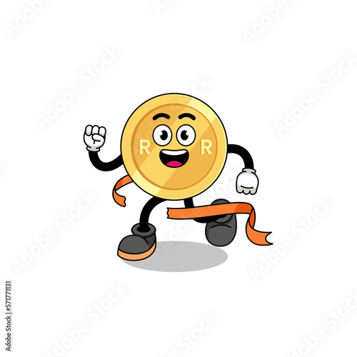 Mascot cartoon of south african rand running on finish line