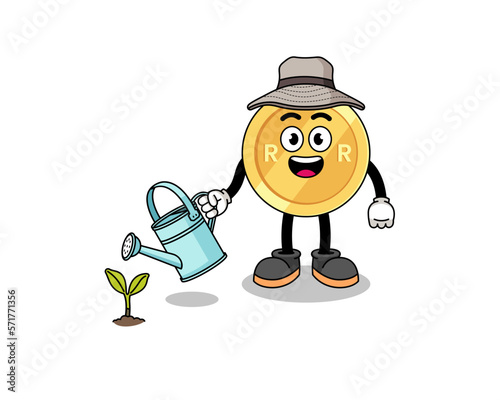 Illustration of south african rand cartoon watering the plant