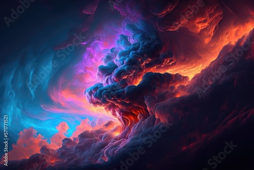Intense apocalyptic clouds from chemical burning toxic materials, catastrophic deadly fumes creating swirling vortex of blue, purple red colored smoke - generative AI. 
