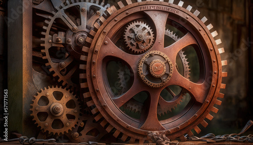 Vintage rusty Machinery gears steampunk background. Generative AI