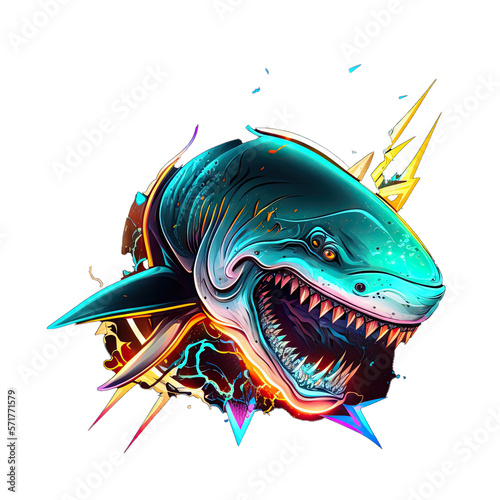 Epic, Unique, and Artistic Bull Shark Animal Moscot Sports Team Logo T-Shirt Graphic Design in Tattoo Style with Neon Colors Isolated on Transparent Background PNG generative AI photo