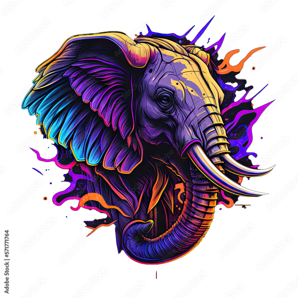 Epic, Unique, and Artistic Elephant Animal Moscot Sports Team Logo T-Shirt Graphic Design in Tattoo Style with Neon Colors Isolated on Transparent Background PNG generative AI