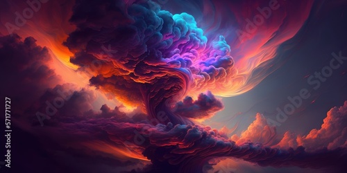 Intense apocalyptic clouds from chemical burning toxic materials, catastrophic deadly fumes creating swirling vortex of blue, purple red colored smoke - generative AI. 
