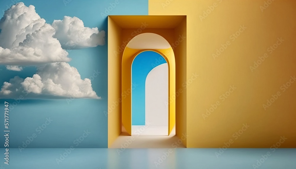 Hyper realistic setting of blue and yellow background, with arch door and floating clouds. Hyper realistic setting of blue and yellow background, with arch door and floating clouds.