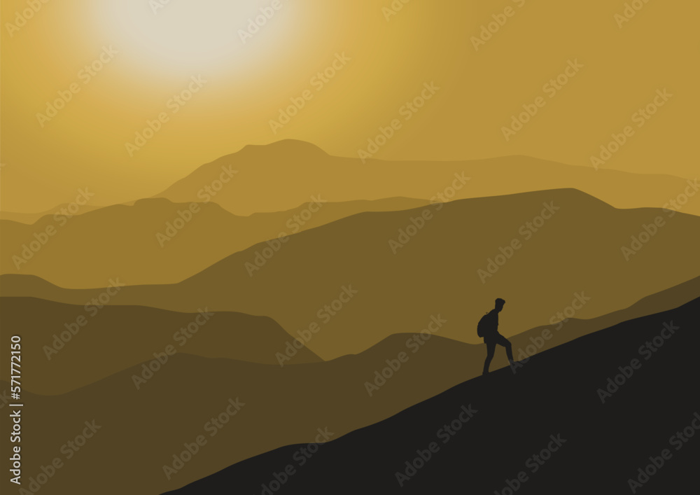 silhouette of a person in the mountains at sunset, vector illustration.