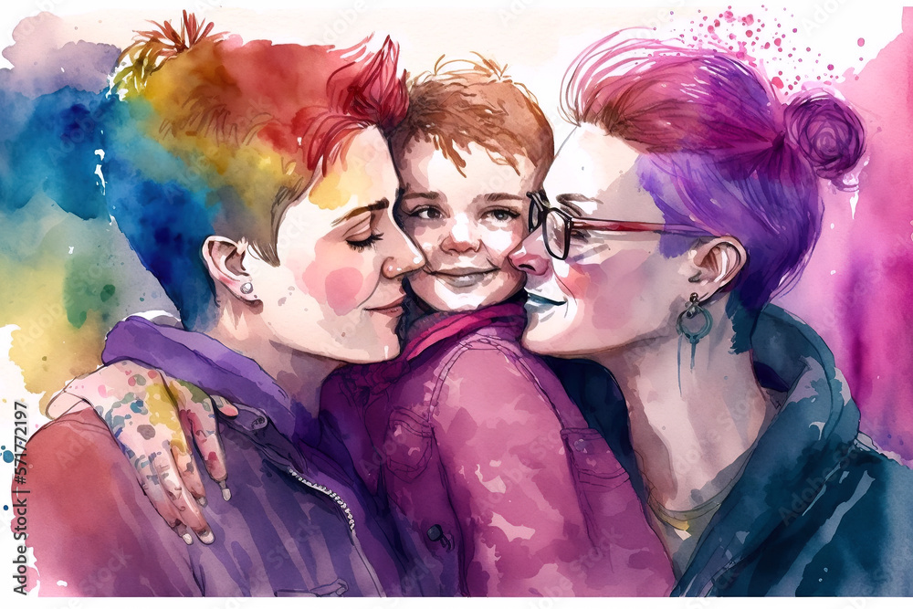 Obraz premium Watercolor illustration about LGBTQ celebration equal love on Valentine's day. Happy couples celebrating pride month with loveable kid and rainbow color palette. Generative AI.