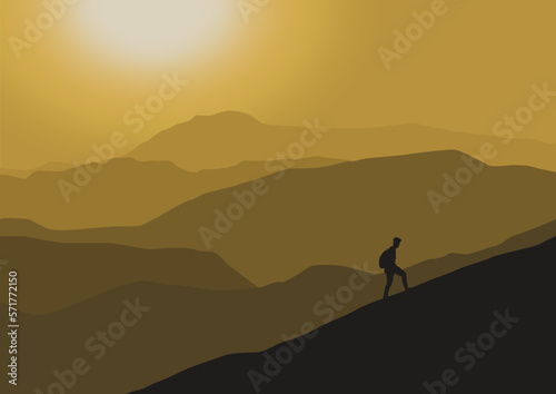 silhouette of a person in the mountains at sunset, vector illustration.