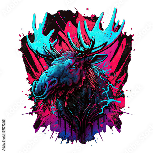 Epic, Unique, and Artistic Moose Animal Moscot Sports Team Logo T-Shirt Graphic Design in Tattoo Style with Neon Colors Isolated on Transparent Background PNG generative AI photo