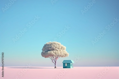 Fotografiet Superb minimalism tree on landscape winter in pastel color Created with Generative AI technology