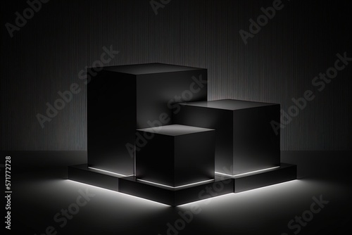 Elegant three black cube stand for product placement mockup. Dark podium exhibition scene background. Minimal box platform showroom with spot light Generative AI