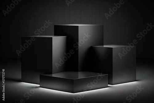 Elegant three black cube stand for product placement mockup. Dark podium exhibition scene background. Minimal box platform showroom with spot light Generative AI