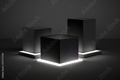 Elegant three black cube stand for product placement mockup. Dark podium exhibition scene background. Minimal box platform showroom with spot light Generative AI