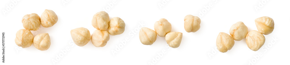 Peeled hazelnuts isolated on the white background, top view Peeled hazelnuts isolated on the white background, top view