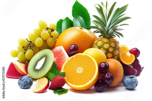 Summer combined fruits consist of pineapple  grapes  kiwis  berries and oranges split on a white background. AI-generated images