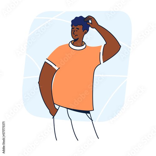 Confused puzzeled pensive black man thinking and scratching his head flat design illustration photo