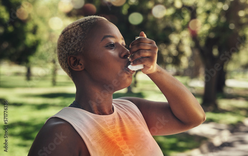 Fotografía Nature, fitness and woman with asthma pump after an intense running workout or training in park
