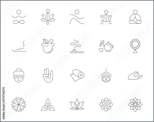Simple Set of meditation Related Vector Line Icons. Vector collection of lotus, relaxation, wellness, zen, meditate, mind, asana and design elements symbols or logo element.