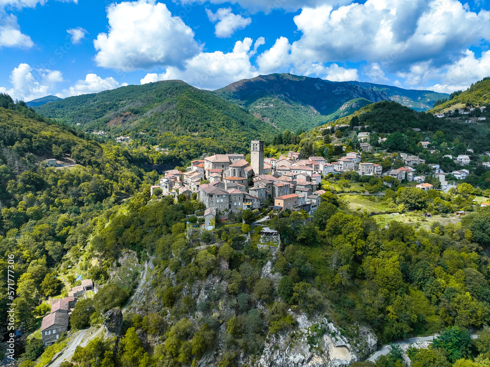 Aerial view of Antraigues sur Volane village in Ardeche, south of France