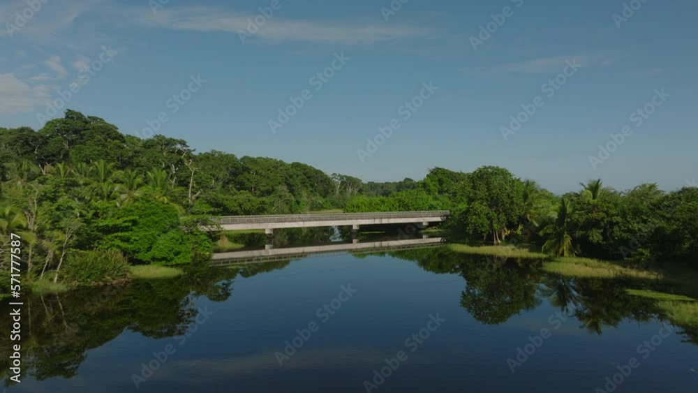 Cement bridge over river forest with concrete pillars supporting metal structures. Causeway passing over a river in lush and exotic rainforest Cement bridge over river forest with concrete pillars supporting metal structures. Causeway passing over a river in lush and exotic rainforest