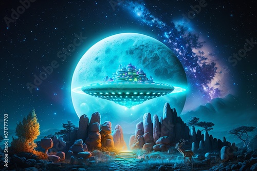 Alien UFO in the sky, jungle. Generative Ai.