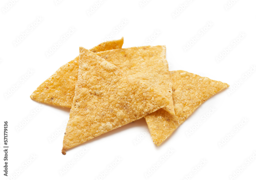 grain crisp tortilla nacho chips isolated on white background. fried tortilla nacho chips isolated on white background. baked tortilla chips isolated on white background. nacho