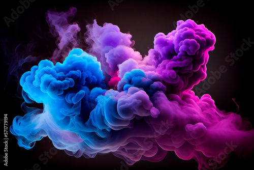 Neon blue and purple multicolored smoke puff cloud design elements on a dark background. Generative ai photo