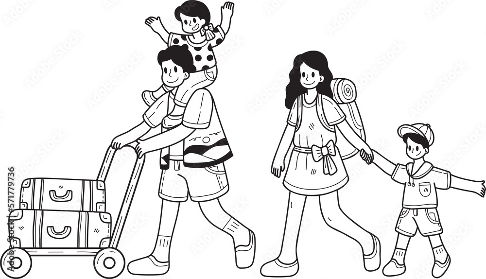 Hand Drawn family going on a trip illustration in doodle style