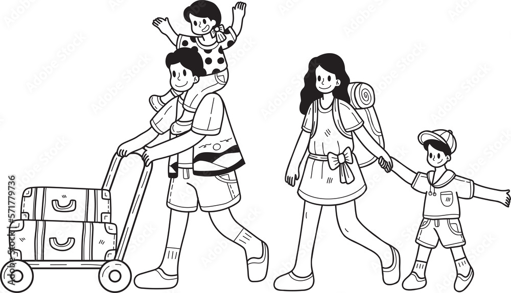 Hand Drawn family going on a trip illustration in doodle style Hand Drawn family going on a trip illustration in doodle style