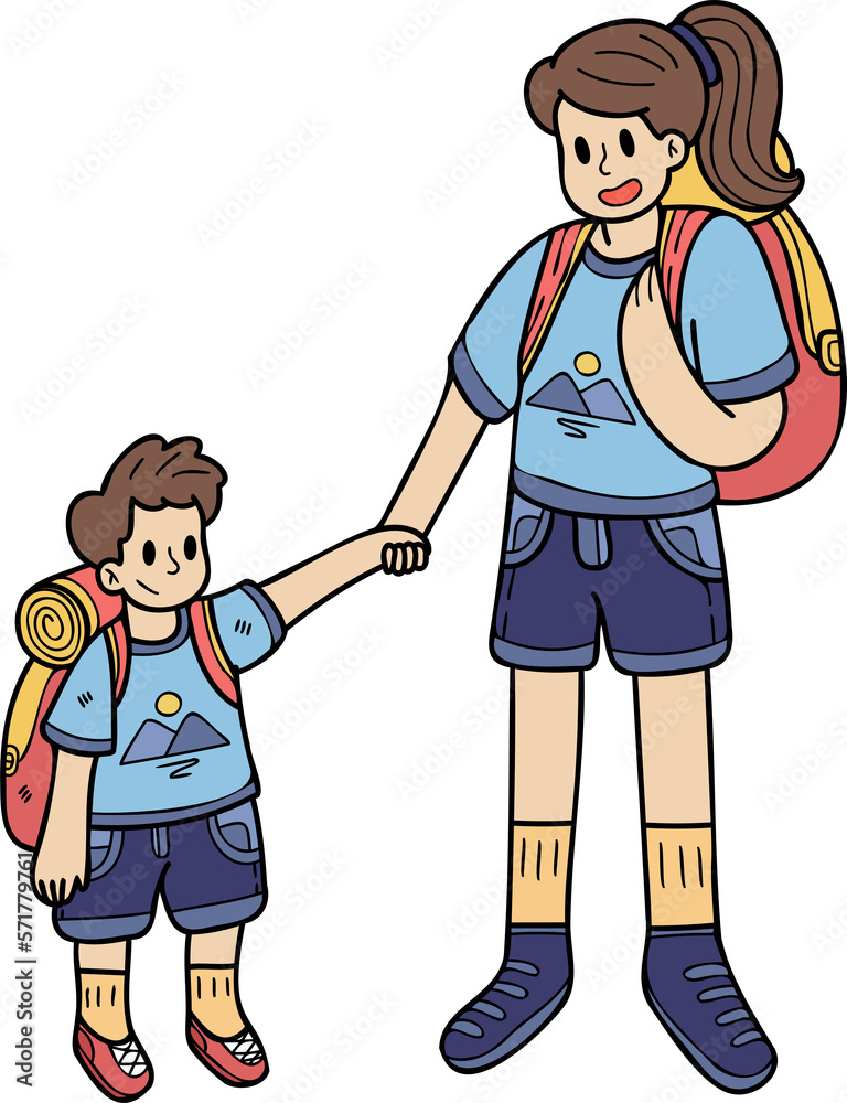 Hand Drawn female tourists with boys illustration in doodle style Hand Drawn female tourists with boys illustration in doodle style