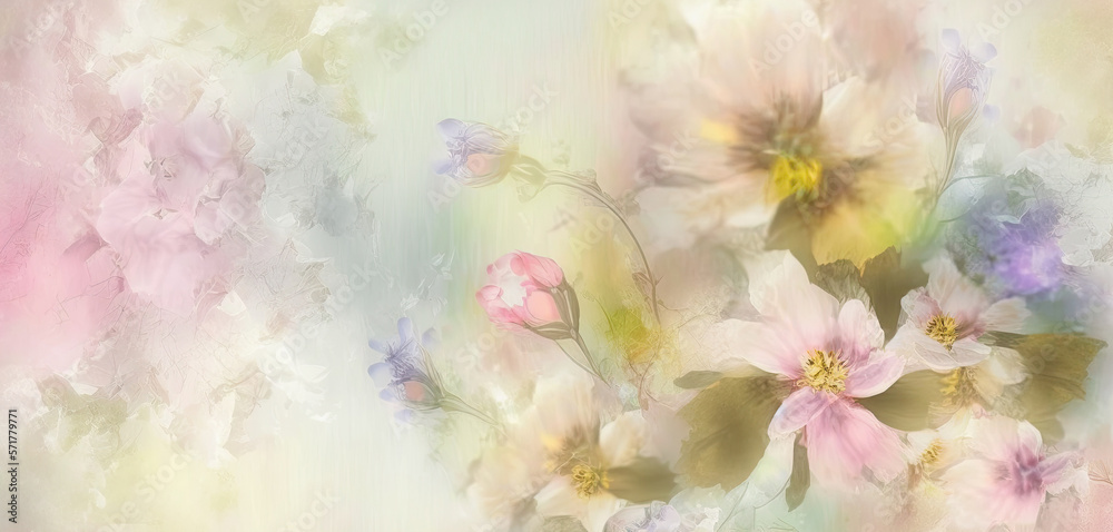 pastel light background with flowers for spring greeting card. Generative AI