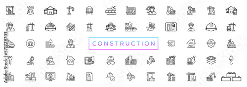Construction line icons set. Home repair tools outline icons collection. Construction tools, builders and equipment symbols. Builder, crane, engineering, equipment, helmet, tool, house