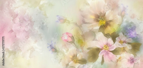 pastel light background with flowers for spring greeting card. Generative AI