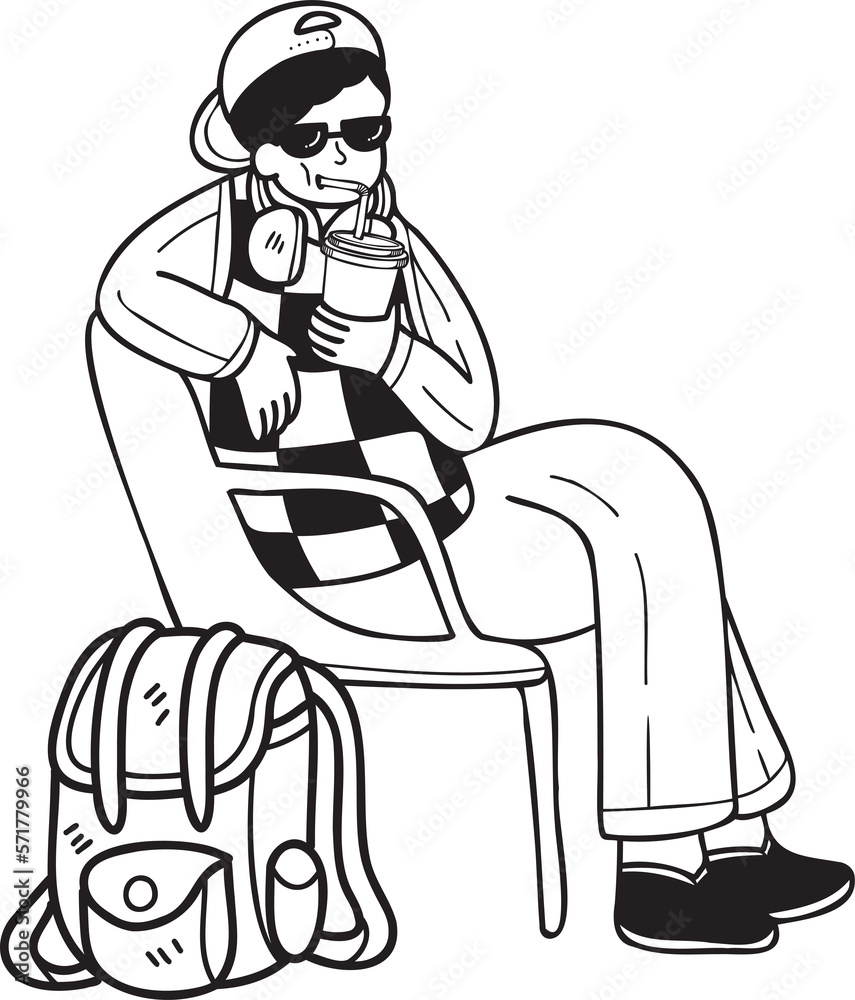 Hand Drawn Tourists drinking iced coffee illustration in doodle style Hand Drawn Tourists drinking iced coffee illustration in doodle style