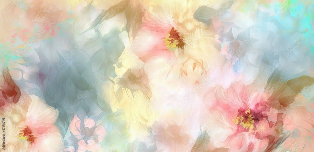 background with painted flowers in pastel light colors. Generative AI