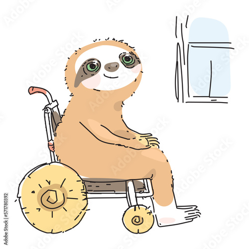 Sloth sits on a wheelchair. The disabled animal smiles and looks out the window. Optimistic lifestyle. Rehabilitation concept. Cute happy pet with physical disability or impairment. Positive Disabled