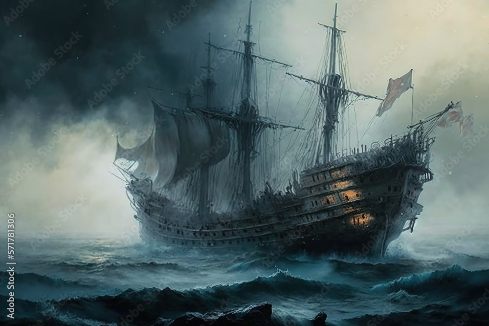 Nostalgic seascape ship oil painting Generative AI - obrazy, fototapety, plakaty 