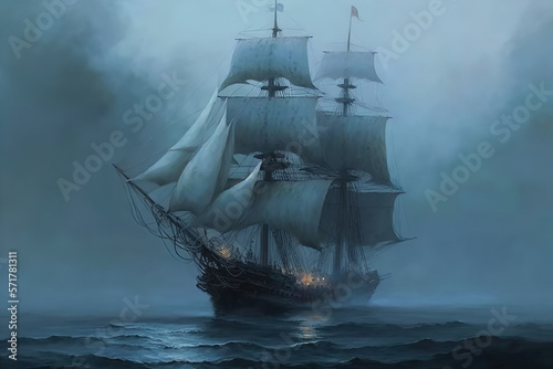 Nostalgic seascape ship oil painting Generative AI