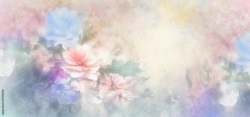 pastel light background with flowers for a spring greeting card with a copy space for text. Generative AI