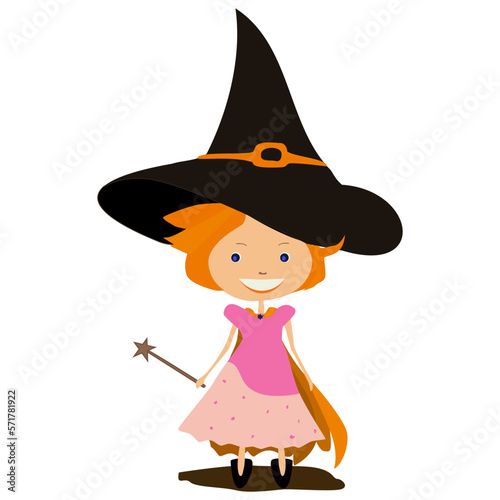 Girl sorceress in dress and witches hat and magic wand in hand isolated on white background. Cartoon flat style. Design element.