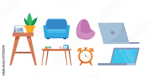 The accessories and furniture icons for working at home,