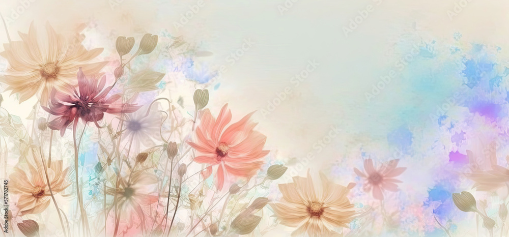 painted flowers on a light pastel background for a spring greeting card. Generative AI