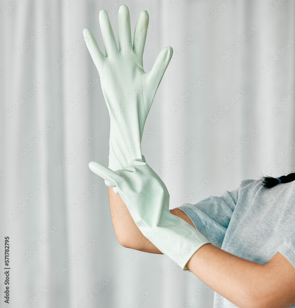 Cleaning gloves, hands and woman in a home ready to start bacteria and