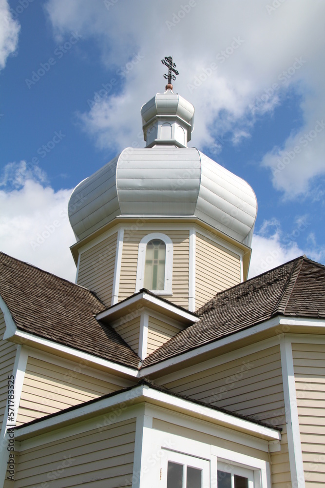 white church steeple, Ukrainian Cultural Heritage Village, Alberta