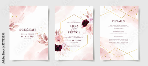Set of watercolor wedding invitation card template with pink and burgundy floral and leaves decoration