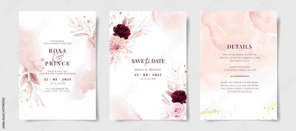 Set of watercolor wedding invitation card template with pink and burgundy floral and leaves decoration
