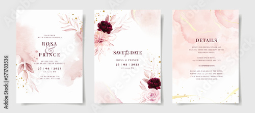 Set of watercolor wedding invitation card template with pink and burgundy floral and leaves decoration