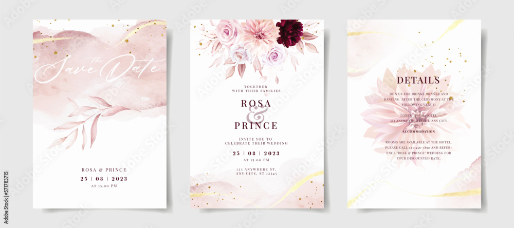 Set of watercolor wedding invitation card template with pink and ...