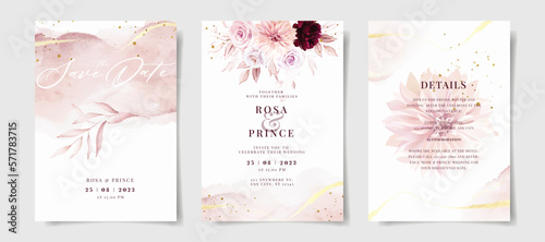 Set of watercolor wedding invitation card template with pink and burgundy floral and leaves decoration © hengkidesen