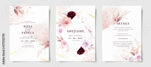 Foto Set of watercolor wedding invitation card template with pink and burgundy floral