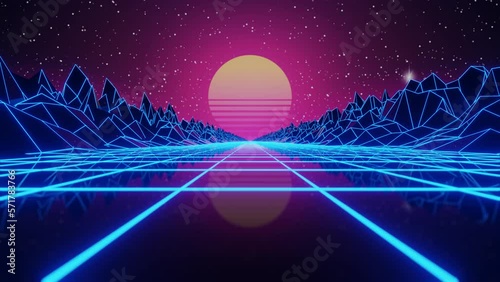 Synthwave Sunset. Animated Background. 80s Sun. Wireframe Landscape. Retro Future Perspective Grid. Retrowave Style. Sci-fi Abstract Backdrop. 3d render. Seamless loop